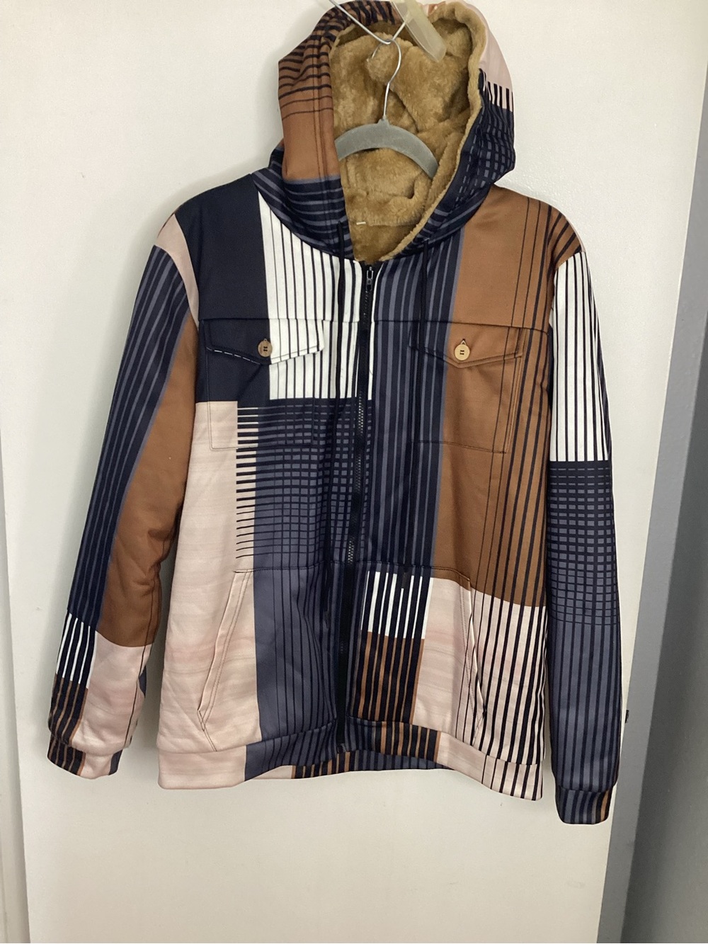 Hooded Patterned Winter Jacket in Navy, Brown & Cream EUC M